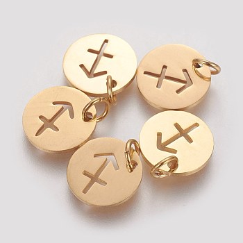 304 Stainless Steel Charms, Flat Round with Constellation/Zodiac Sign, Golden, Sagittarius, 12x1mm, Hole: 3mm