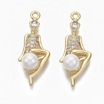 Brass Micro Pave Cubic Zirconia Pendants, with Acrylic Imitation Pearl, Nickel Free, Human, Real 18K Gold Plated, Clear, Seashell Color, 24x9x6mm, Hole: 1.2mm