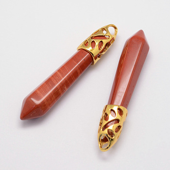 Natural Red Jasper Big Pointed Pendants, with Alloy Findings, Bullet, Golden, 57~63x13x10mm, Hole: 3x4mm