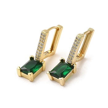 Rectangle Real 18K Gold Plated Brass Dangle Hoop Earrings, with Cubic Zirconia and Glass, Green, 25x7mm