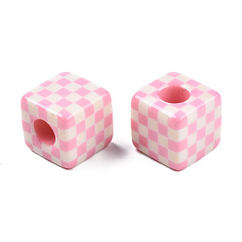 Opaque Resin European Beads, Large Hole Beads, Cube with Tartan Pattern, Pink, 20x20x20mm, Hole: 9mm