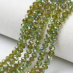 Electroplate Glass Beads Strands, Half Plated, Rainbow Plated, Faceted, Rondelle, Yellow Green, 4x3mm, Hole: 0.4mm, about 108pcs/strand, 16.5~16.9 inch(38.5-40cm)(EGLA-A034-T4mm-J05)