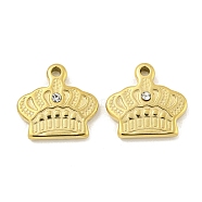 304 Stainless Steel Rhinestone Pendants, Crown Charm, Real 14K Gold Plated, 14.5x15x3mm, Hole: 1.6mm(STAS-P356-42G)