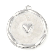 Brass Enamel Pendants, Flat Round with Heart Charm, Platinum, 17.5x16x2mm, Hole: 1.2mm(KK-L219-22P)