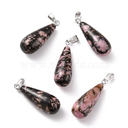 Natural Rhodonite Pendants, with Platinum Brass Findings, Teardrop, 26.5~29x10mm, Hole: 2.5~3.5x4~6mm(G-F707-23)