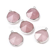 Natural Rose Quartz Pendants, with Brass Findings, Faceted, Drop, Silver, 31~35x20~25x7~9mm, Hole: 2.5mm(G-I207-14M-S)