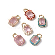 Pink Glass Rectangle Pendants, with Real 18K Gold Plated Rack Plating Brass Findings and Enamel, Cadmium Free & Lead Free & Nickle Free, Mixed Color, 15.5~16x9x3.5~4mm, Hole: 3.3mm(KK-I696-10G)
