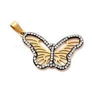 Ion Plating(IP) 304 Stainless Steel Rhinestone Pendants, Hollow Butterfly Charms, Golden, 17x28.5x2mm, Hole: 6x2.5mm(STAS-P340-10G)