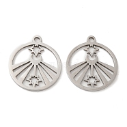 201 Stainless Steel Pendants, Hollow, Flat Round with Star Charm, Stainless Steel Color, 17x15x0.8mm, Hole: 1.5mm(STAS-Q245-13P)