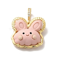 Opaque Resin Pendants, Large Hole Pendant, with Real 18K Gold Plated Brass Findings & Clear Cubic Zirconia, Cadmium Free & Lead Free, Rabbit, Pink, 25x25x9.5mm, Hole: 4.5x7mm(KK-G406-03G)