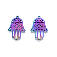 201 Stainless Steel Pendant, Hollow Charms, Hamsa Hand/Hand of Miriam with Flower, Rainbow Color, 27x19x1.5mm, Hole: 1.4mm(STAS-B027-30MC)