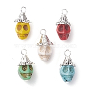 Dyed Synthetic Turquoise Pendants, Halloween Skull Charms with Antique Silver Plated Alloy Hat, Mixed Color, 18x9x9.5mm, Hole: 2~2.4mm(PALLOY-TA00117)