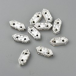 Hexagon Silver Color Plated Brass Middle East Rhinestone Bridge Spacers, Clear Rhinestone Beads, Nickel Free, about 4.5mm wide, 11mm long, 2.5mm thick, hole: 1mm, 2 holes(X-RSB021NF-2)