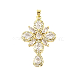 Rack Plating Brass Clear Cubic Zirconia Pendants, Cadmium Free & Lead Free, Flower, Real 18K Gold Plated, 42x27x4mm, Hole: 3x4mm(KK-S380-32G-B)