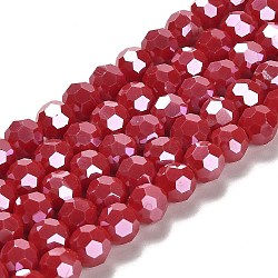 Electroplate Opaque Glass Beads Strands, Faceted(32 Facets), Pearl Luster Plated, Round, FireBrick, 8mm, Hole: 1mm, about 66~69pcs/strand, 19.29~19.57 inch(49~49.7cm)(EGLA-A035-P8mm-A16)