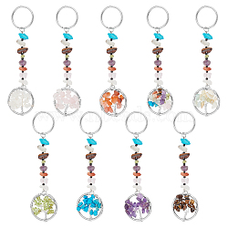 9Pcs 9 Styles Alloy & Gemstone Chip Keychians, with Iron Split Key Rings, Ring with Tree of Life, 11.5cm, 1pc/style(KEYC-UN00001)