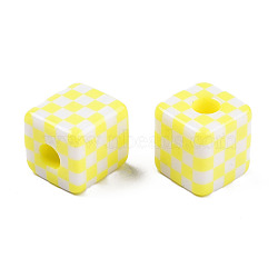 Opaque Resin European Beads, Large Hole Beads, Cube with Tartan Pattern, Yellow, 15.5x15.5x16mm, Hole: 6mm(RESI-N022-10A-C03)