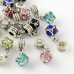 Large Hole Cube Alloy Rhinestone European Dangle Charms, Antique Silver, Mixed Color, 15x12x12mm, Hole: 4mm(MPDL-S086-M)
