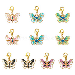 Alloy Enamel Pendant Decorations, with Alloy Lobster Claw Clasps, Butterfly, Mixed Color, 24mm, 10pcs/set(HJEW-TAC0042)