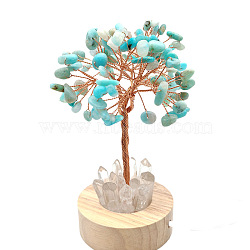 Natural Amazonite Chips Tree Night Light Lamp Decorations, Wooden Base with Copper Wire Feng Shui Energy Stone Gift for Home Desktop Decoration, Lamp with USB Cable, 120mm(PW-WG63079-09)