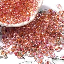 Transparent Baking Paint Glass Seed Beads, Two Tone, Fringe Teardrop Beads, Salmon, 5.5x4.5x3.5mm, Hole: 1.2mm, about 2812pcs/pound(SEED-P006-02B-02)