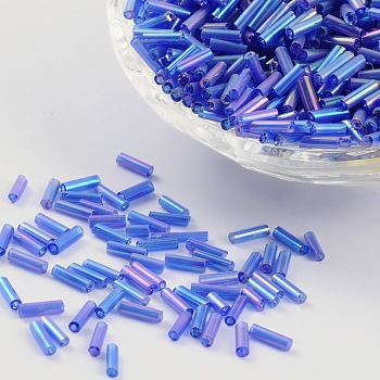 Transparent Colours Rainbow Glass Bugle Beads, AB Color, Blue, 6x1.8mm, Hole: 0.6mm, 1250pcs/50g