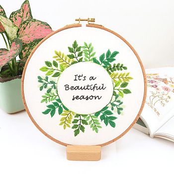 Flower Pattern DIY Embroidery Kit, including Embroidery Needles & Thread, Cotton Linen Cloth, Word it's a Beautiful Season, Lime Green, 290x290mm