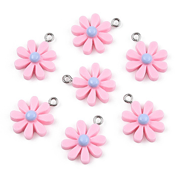 Opaque Resin Pendants, Daisy Flower Charms, Pink, 21x17x5.5mm, Hole: 2mm