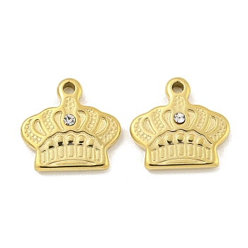 304 Stainless Steel Rhinestone Pendants, Crown Charm, Real 14K Gold Plated, 14.5x15x3mm, Hole: 1.6mm