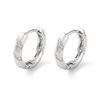 Brass Micro Pave Cubic Zirconia Hoop Earrings, Ring, Real Platinum Plated, 15.5x3.5mm