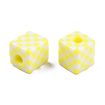 Opaque Resin European Beads, Large Hole Beads, Cube with Tartan Pattern, Yellow, 15.5x15.5x16mm, Hole: 6mm