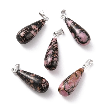 Natural Rhodonite Pendants, with Platinum Brass Findings, Teardrop, 26.5~29x10mm, Hole: 2.5~3.5x4~6mm