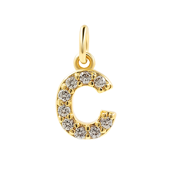 Brass Cubic Zirconia Pendants with Jump Rings, Real 18K Gold Plated, Letter C, 15x11x2.2mm, Hole: 2.8mm