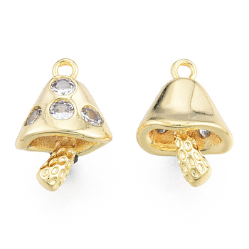 Brass Micro Pave Clear Cubic Zirconia Pendants, Nickel Free, Mushroom, Real 18K Gold Plated, 18x12x8.5mm, Hole: 1.6mm