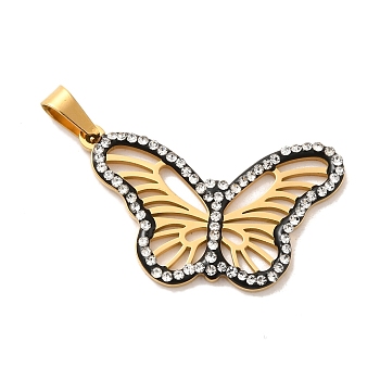 Ion Plating(IP) 304 Stainless Steel Rhinestone Pendants, Hollow Butterfly Charms, Golden, 17x28.5x2mm, Hole: 6x2.5mm