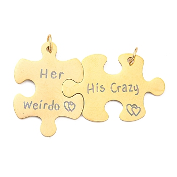 Vacuum Plating 304 Stainless Steel Split Big Pendants, Couples Pendants, Puzzle with Word Her Weirdo & His Crazy Charm, Golden, 33.5x52x1mm, Hole: 4.6mm