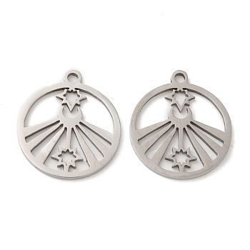 201 Stainless Steel Pendants, Hollow, Flat Round with Star Charm, Stainless Steel Color, 17x15x0.8mm, Hole: 1.5mm