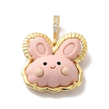 Opaque Resin Pendants, Large Hole Pendant, with Real 18K Gold Plated Brass Findings & Clear Cubic Zirconia, Cadmium Free & Lead Free, Rabbit, Pink, 25x25x9.5mm, Hole: 4.5x7mm