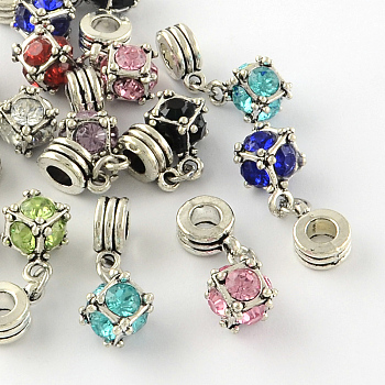 Large Hole Cube Alloy Rhinestone European Dangle Charms, Antique Silver, Mixed Color, 15x12x12mm, Hole: 4mm