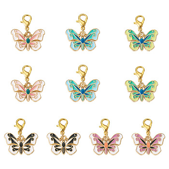 Alloy Enamel Pendant Decorations, with Alloy Lobster Claw Clasps, Butterfly, Mixed Color, 24mm, 10pcs/set