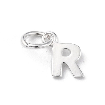 925 Sterling Silver Letter Charms, with Jump Rings and 925 Stamp, Silver Color Plated, Letter R, 7.5x7.5x0.8mm, Hole: 4mm