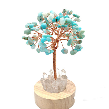 Natural Amazonite Chips Tree Night Light Lamp Decorations, Wooden Base with Copper Wire Feng Shui Energy Stone Gift for Home Desktop Decoration, Lamp with USB Cable, 120mm