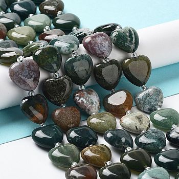 Natural Indian Agate Stone Beads Strands, with Seed Beads, Heart, 14~15x15x6~6.5mm, Hole: 1.4mm, about 23~24pcs/strand, 14.57''(37cm)
