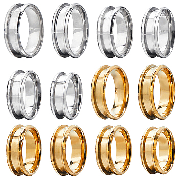 12Pcs 12 Styles 304 Stainless Steel Grooved Finger Ring Settings, Ring Core Blank, for Inlay Ring Jewelry Making, Golden & Stainless Steel Color, US Size 6 1/2~13(16.9~22.2mm), 1Pc/style