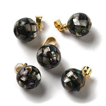 Natural Paua Shell Dyed Round Charms, with Golden Plated Brass Snap on Bails, Black, 14x10mm, Hole: 4.5x4mm