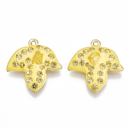Alloy Pendants, with Gemstone and Rhinestone, Enamel, Leaf, Light Gold, Jonquil, Gold, 20.5x20x4mm, Hole: 1.2mm(RB-S057-21E)