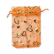 Organza Drawstring Jewelry Pouches, Wedding Party Gift Bags, Rectangle with Gold Stamping Heart Pattern, Orange, 15x10x0.11cm(OP-I001-B10)