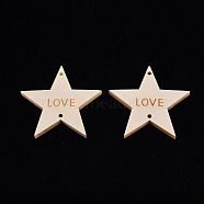 Wood Links Connectors, Laser Engraved, Star with Love, Antique White, 52x54x5.5mm, Hole: 2.5mm(WOOD-S055-43B)