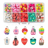 200Pcs 10 Style Handmade Polymer Clay Pendants, with Platinum Tone Iron Findings, Flower with Smile & Mushroom & Cherry & Butterfly & Ladybug & Heart with Love & Frog & Ice Cream & Flower, Mixed Color, 12~17x8~14.5x3~5mm, Hole: 1.8mm, 20pcs/style(CLAY-LS0001-15)