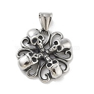 304 Stainless Steel Pendants, Antique Silver, Skull, 27x27x7.5mm, Hole: 8x5mm(STAS-M336-01F-AS)